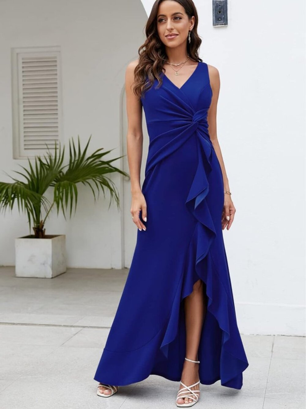 Women's Royal Blue Formal Evening Elegant Prom Long V Neck Split Wrap Maxi Dress - Picture 6 of 6